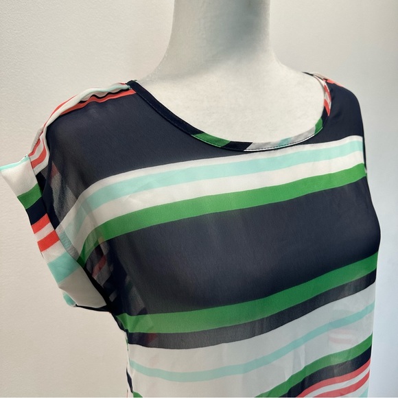 A’Gaci Striped Sheer Lightweight Cuffed Sleeve Blouse Size Small Summer Colors - Picture 5 of 10